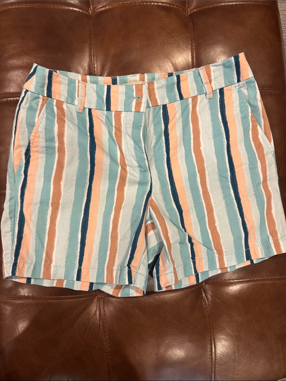 LOFT Striped Bermuda Shorts in Aqua, Peach & Navy